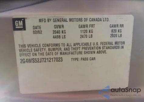 2002 Buick Century Custom from USA, damaged, VIN 2G4WS52J721217023